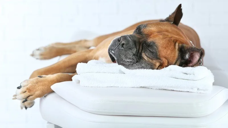 dog lying on massage towels