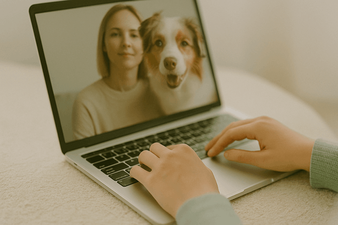 Live remote session connecting a woman and her dog