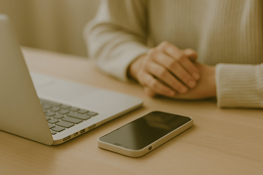 Mobile phone and laptop on a desk ready for contact