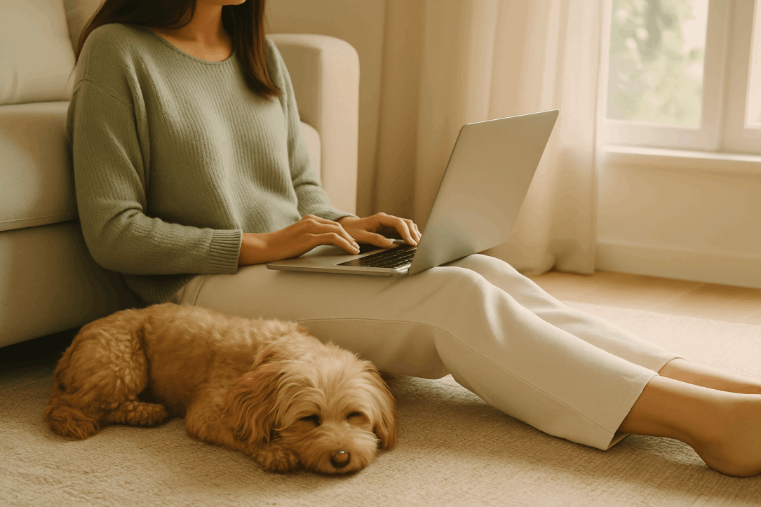 Woman seated on the floor with a laptop while her cavoodle rests beside her