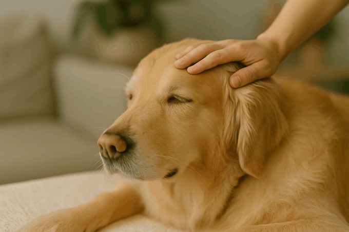 Dog relaxed under calm, supportive hands-on care