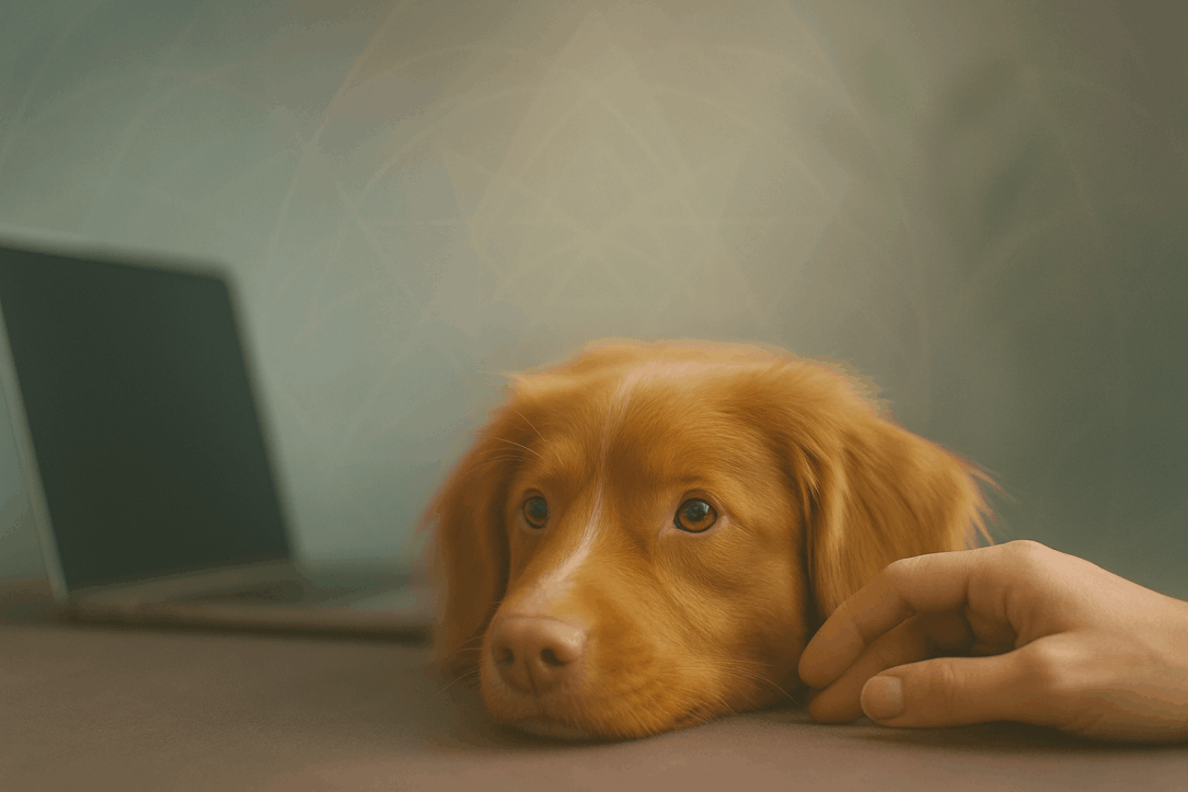 Dog resting near a laptop in Lake Cathie